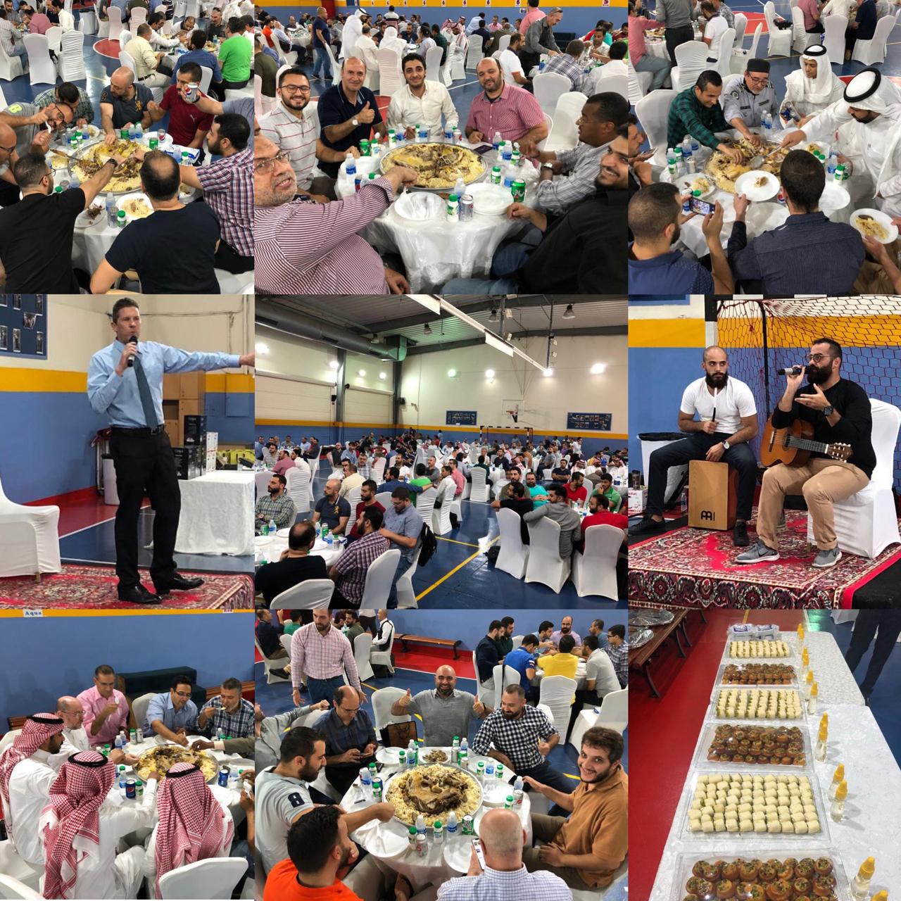 Collage of community meals, performances, and gatherings at school events